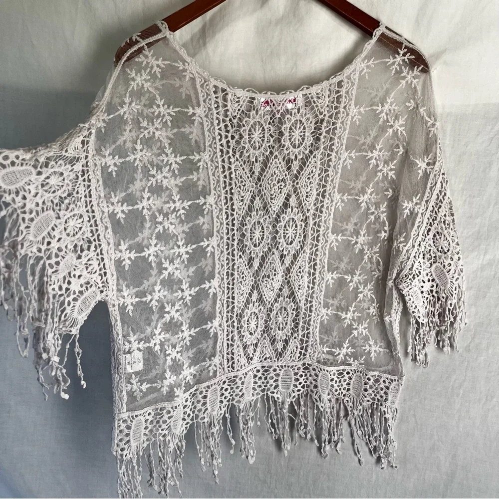 Pretty Angel Women S M Shirt Lace Sheer Mesh Fringe Pinkish White Fairy Coquette